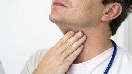 Fototapeta premium A man examines his throat for pain or swelling, touching his neck gently while wearing a stethoscope, suggesting a medical or health context.
