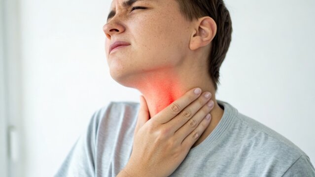 Young man with a painful expression holding his inflamed throat, indicating discomfort or sore throat symptoms.