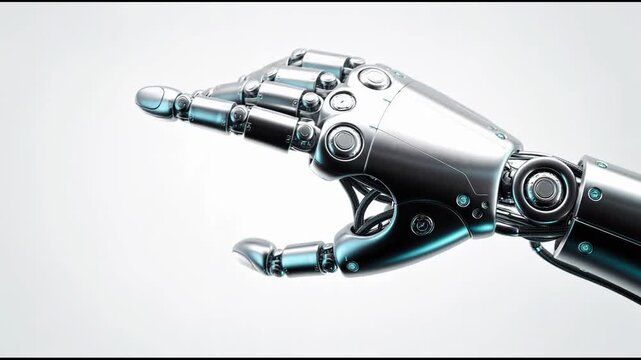 Futuristic robotic hand with advanced mechanical fingers and detailed metallic components on white background