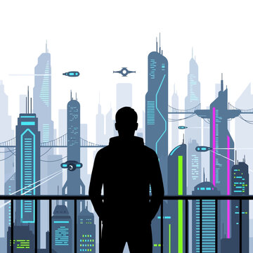 Silhouette Stands Against Futuristic City Skyline with Vibrant Lights