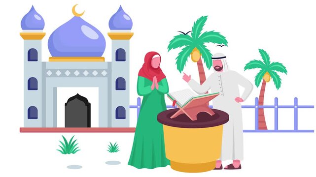 Muslim couple engaging with  reading discussing Quran animation, Seeking Knowledge Book of hadith animated video, ramadan Eid al-Fitr clip, Muslim fasting month footage, Arabic holidays motion graphic
