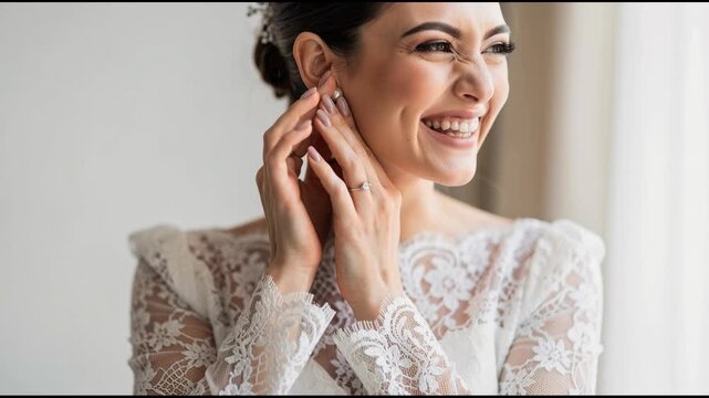 Beautiful happy bride smiling and putting on pearl earrings in elegant lace wedding dress