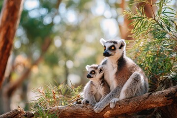 Fototapeta premium Mother lemur with baby lemur on tree branch