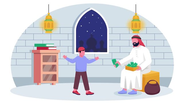 Traditional Saudi Man wearing thawb and shemagh Cash Giving to Kids animation, Eidi Money Generosity and Giving animated video, Ramadan Eid al-Fitr clip, Muslim fasting month footage motion graphics