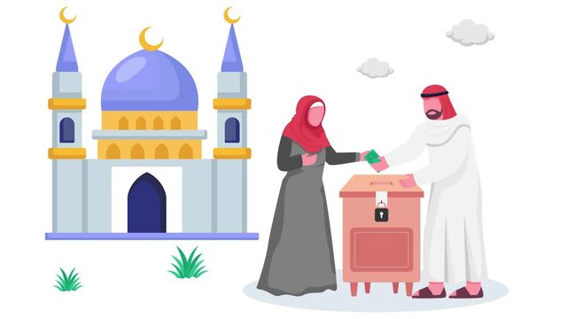 Emirati Muslim Couple Donating Money in front of Mosque animation, Pillars of Islam Charity animated video, ramadan Eid al-Fitr clip, Muslim fasting month footage, Arabic holidays motion graphics