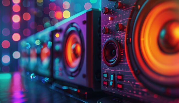Modern audio speakers with glowing drivers and circuit details amidst vibrant bokeh