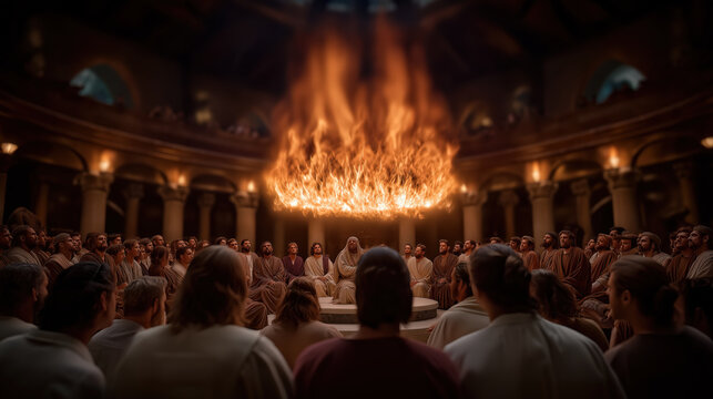 Pentecost scene with Jesus&rsquo; disciples filled with the Holy Spirit, tongues of fire above their heads, radiant light, awe and wonder, dramatic and sacred biblical moment of divine empowerment