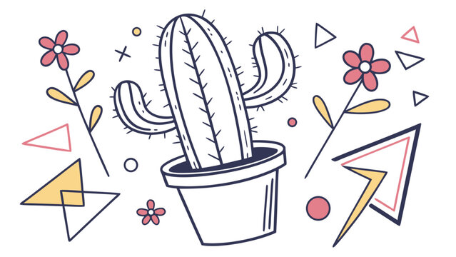 Minimalist cactus plant illustration with geometric shapes and floral elements