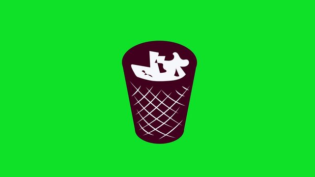Stylized maroon waste basket is filled with crumpled white paper 4K stock animation video on a green screen for chroma key background in video editing.