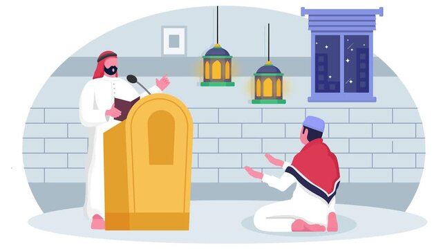 Khatib wearing thawb during a Friday prayer animation, Public preaching on formal occasion animated video, ramadan and Eid al-Fitr clip, Muslim fasting month footage, Arabic holidays motion graphics
