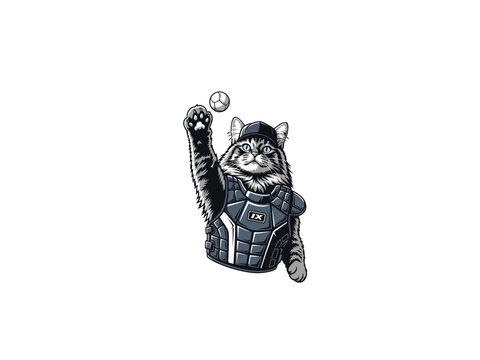 A gray cat dressed as a baseball player catches two balls.eps