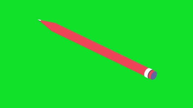 Stylized pink pencil features a white eraser with purple accents 4K stock animation video on a green screen for chroma key background in video editing.