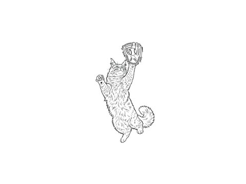 A playful cat reaches for a baseball in its mitt.eps