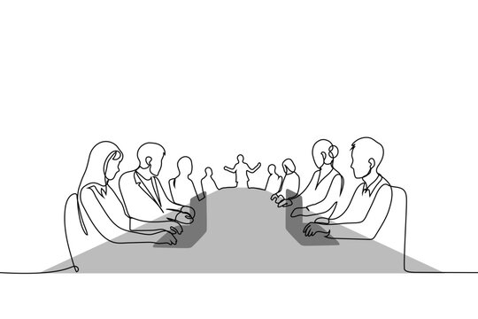 Continuous single line drawing of people sitting at a large conference table during a business meeting. Minimalist vector illustration of teamwork, corporate presentation, and collaboration