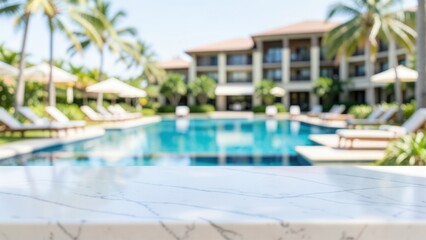 Fototapeta premium Empty marble countertop with blurred tropical resort pool background, elegant summer hotel setting for luxury product display and travel themes