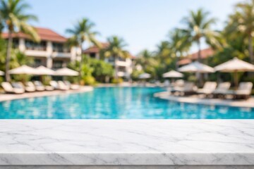 Fototapeta premium Empty marble countertop with blurred tropical resort pool background, elegant summer hotel setting for luxury product display and travel themes
