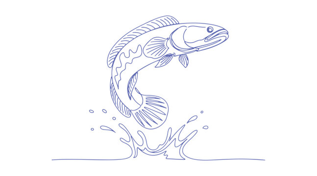 A continuous one-line illustration of a fish jumping in water, isolated on a white backdrop. The aquatic animal represented is a Snakehead fish from the Channidae family, rendered in line art