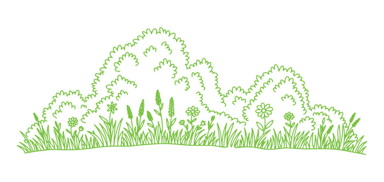 Grass line icon, meadow doodle outline design, bush tuft, small lawn, and a black sketch of a flowering plant isolated on a white background. Thicket hand-drawn border.