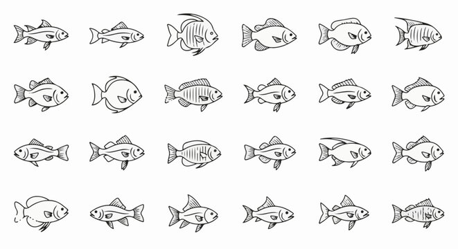 A collection of diverse hand-drawn fish illustrations in black and white