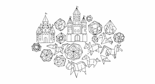 A fanciful collection of origami unicorns and geometric shapes encircles a castle