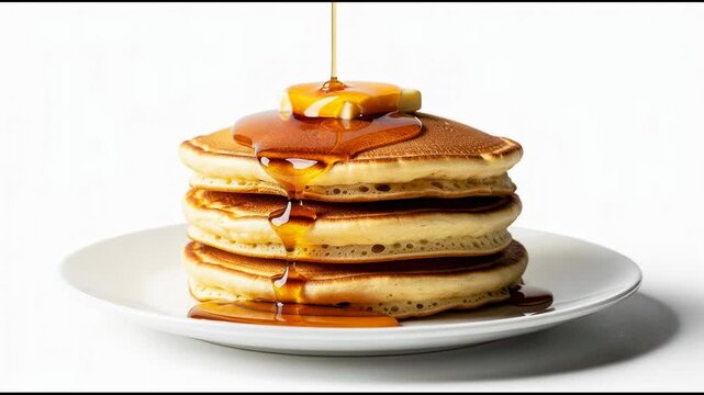 Stack of fluffy golden pancakes with melting butter and maple syrup dripping on white plate