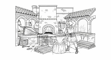 Fototapeta premium Ancient blacksmith working at an anvil with hammer, bellows, and forge