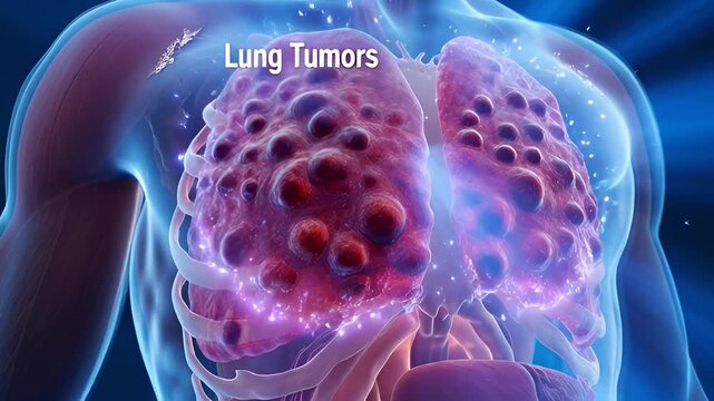 Human body scan revealing internal cancerous tumors in lungs and liver, showcasing detailed anatomical structures and highlighting health concerns in a medical context