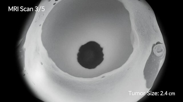MRI sequence showing progressive reduction of breast tumor size from 2.8 cm to 1.5 cm across three scans, highlighting changes in tumor morphology and surrounding tissue