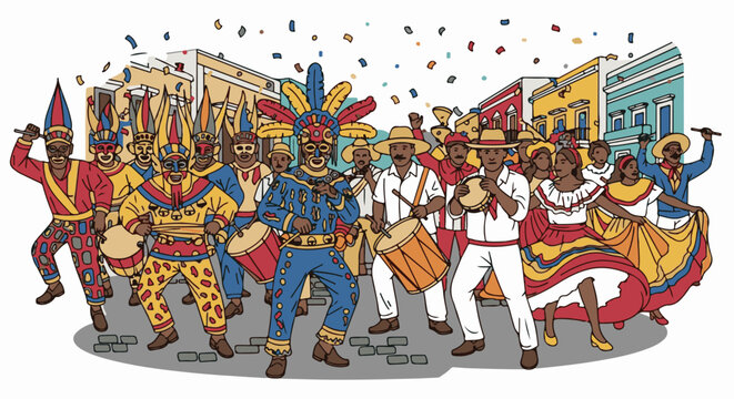 Lively street parade with costumed drummers and dancers in colorful attire