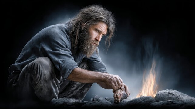 In a tranquil wilderness, a rugged man cooks over a crackling fire, showcasing primal survival skills