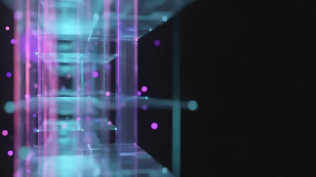 Neon cyan glass panels form a receding grid in a dark space, with pink and purple orbs and glowing lines weaving between them. The ethereal, futuristic corridor suggests data and light in motion withi