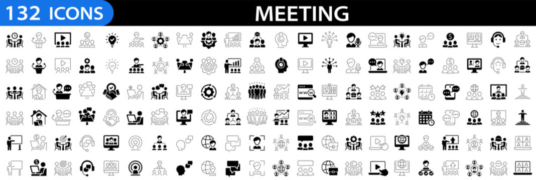 Meeting icon set. Business training and workshop icons. Line and flat icon style. Conference, team, brainstorm, seminar, interview, assembly, agreement, discussion and more. Editable stroke. Vector il