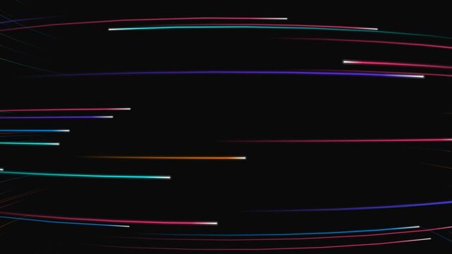 Dynamic multi-colored luminous trails accelerate and streak across a dark digital void to simulate hyperspace traversal or high-velocity data transmission.