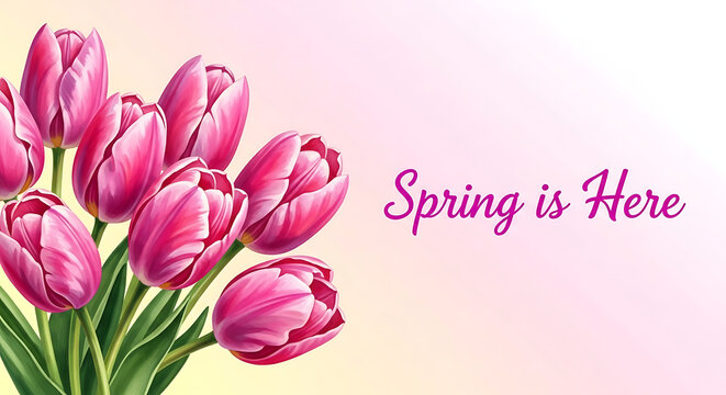Pink Tulips Spring Floral Background with 'Spring is Here' Text