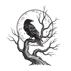 Obraz premium Raven Perched on Bare Branches Beneath Full Moon — Gothic Dark Nature Ink Drawing Vector Art