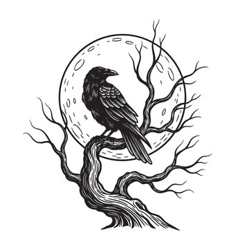 Raven Perched on Bare Branches Beneath Full Moon &mdash; Gothic Dark Nature Ink Drawing Vector Art