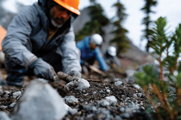 Naklejka premium Dedicated workers dig in rocky soil, emphasizing collaboration and environmental stewardship to restore and enhance the natural landscape in a mountainous setting.