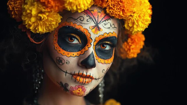 A woman wears D&iacute;a de los Muertos sugar skull makeup: white face with black eye sockets framed by orange lace, orange lips, and delicate swirls; a crown of bright marigolds contrasts a dark background.