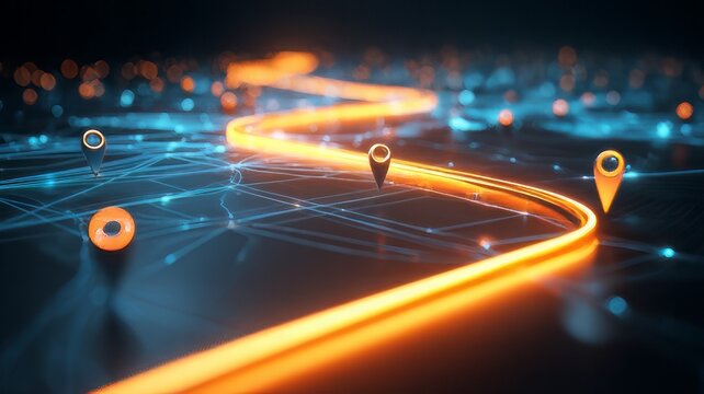 GPS navigation concept with glowing winding path and location pin checkpoints