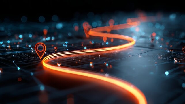 GPS navigation concept with glowing winding path and location pin checkpoints