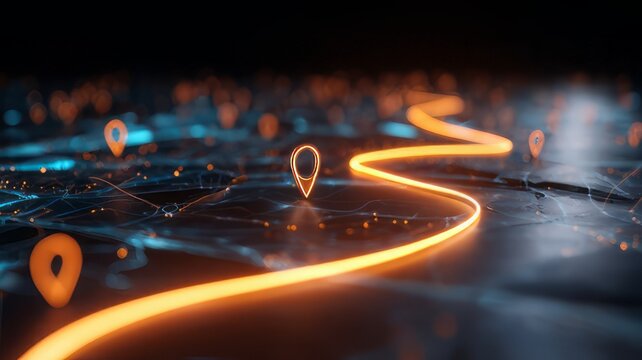 GPS navigation concept with glowing winding path and location pin checkpoints