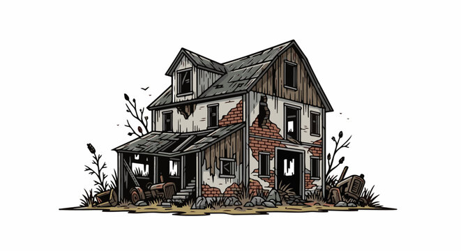 Dilapidated farmhouse with abandoned tractors and sparse vegetation