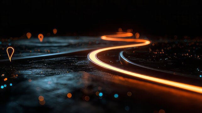 GPS navigation concept with glowing winding path and location pin checkpoints