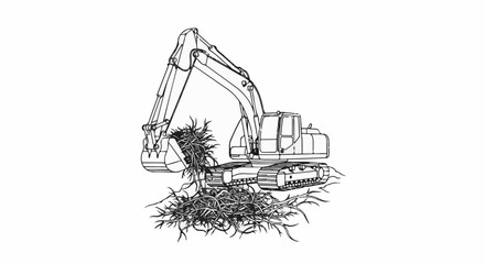 Obraz premium Excavator clearing up roots, construction equipment working on ground