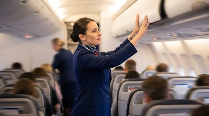 Fototapeta premium A smiling flight attendant in a blue uniform reaching up to stow a bag in an airplane overhead compartment.