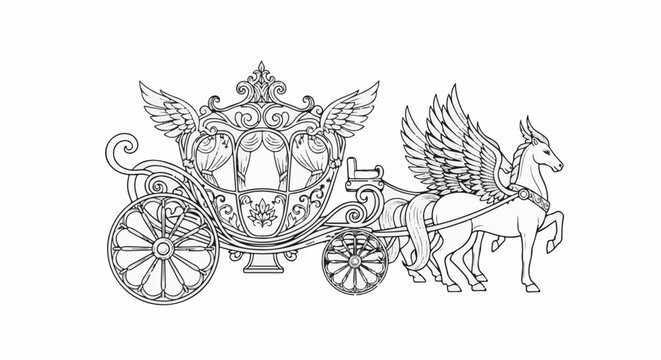 Ornate carriage pulled by winged horses, outlined in black and white