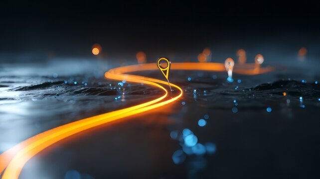 GPS navigation concept with glowing winding path and location pin checkpoints