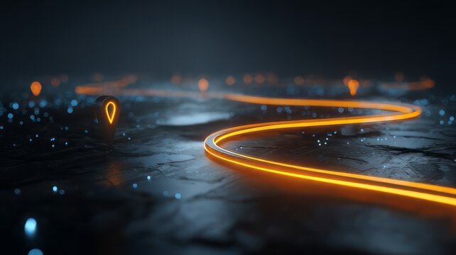 GPS navigation concept with glowing winding path and location pin checkpoints
