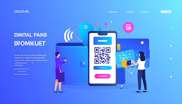 Fintech Digital Payment Vector Illustration, Mobile Banking, E-Wallet and QR Code Transaction, Modern Flat Design