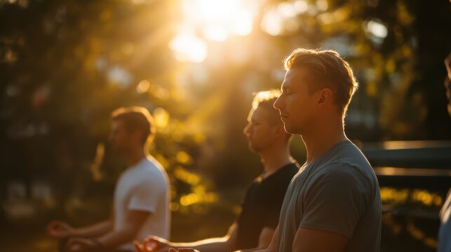 Male group meditating together in peaceful quiet park setting practicing mindfulness and wellness, perfect for modern masculinity mental health and collective meditation community concept.